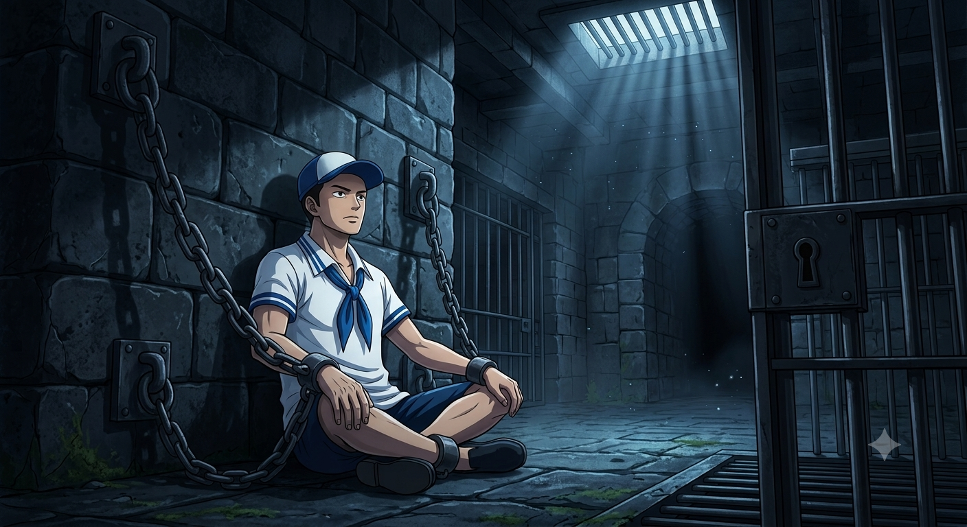 A young man with a perfectly calm, neutral expression chained to a heavy stone wall in a pitch-black, oppressive dungeon cell. He is wearing the standard-issue white and blue uniform of a Marine Seaman Recruit. Despite the massive iron chains binding his wrists, his posture is flawlessly relaxed, demonstrating zero physical stress or wasted kinetic energy. Anime art style, dramatic overhead shadowing, highly detailed background.